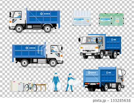 Set of sanitation department, garbage collection, large dump truck and staff Set of sanitation department, garbage collection, large dump truck and staff 133285638