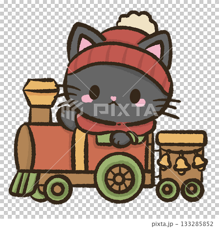 Cute black cat riding Christmas train kawaii winter illustration festive holiday scene cozy adorable seasonal aesthetic with bells and warm colors Cute black cat riding Christmas train kawaii winter illustration festive holiday scene cozy adorable seasonal aesthetic with bells and warm colors 133285852