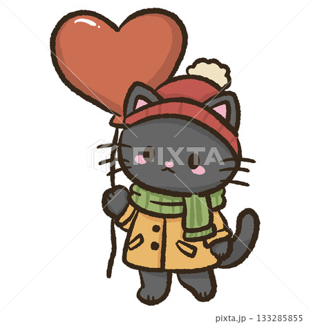 Cute black cat holding heart balloon cozy winter outfit kawaii illustration sweet festive scene adorable holiday aesthetic warm Christmas vibe Cute black cat holding heart balloon cozy winter outfit kawaii illustration sweet festive scene adorable holiday aesthetic warm Christmas vibe 133285855