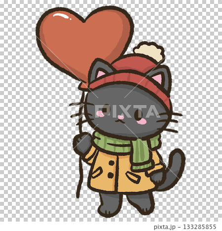 Cute black cat holding heart balloon cozy winter outfit kawaii illustration sweet festive scene adorable holiday aesthetic warm Christmas vibe Cute black cat holding heart balloon cozy winter outfit kawaii illustration sweet festive scene adorable holiday aesthetic warm Christmas vibe 133285855