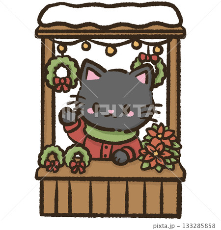 Kawaii black cat selling wreaths at winter market cozy Christmas booth illustration festive holiday decor scene adorable seasonal aesthetic Kawaii black cat selling wreaths at winter market cozy Christmas booth illustration festive holiday decor scene adorable seasonal aesthetic 133285858