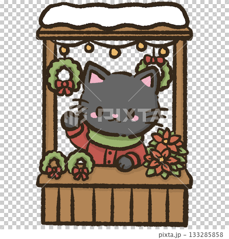 Kawaii black cat selling wreaths at winter market cozy Christmas booth illustration festive holiday decor scene adorable seasonal aesthetic Kawaii black cat selling wreaths at winter market cozy Christmas booth illustration festive holiday decor scene adorable seasonal aesthetic 133285858