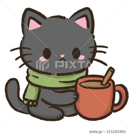Kawaii black cat holding warm hot cocoa cozy winter illustration cute scarf and mug adorable holiday scene soft festive Christmas aesthetic Kawaii black cat holding warm hot cocoa cozy winter illustration cute scarf and mug adorable holiday scene soft festive Christmas aesthetic 133285865