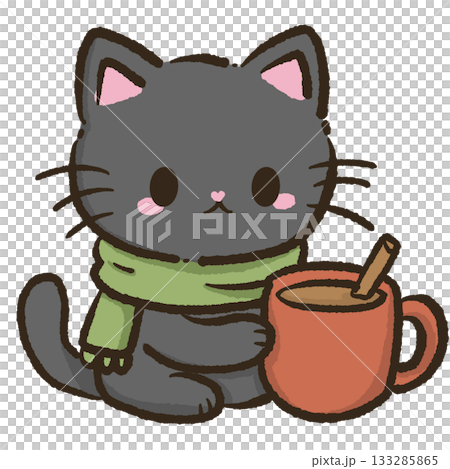 Kawaii black cat holding warm hot cocoa cozy winter illustration cute scarf and mug adorable holiday scene soft festive Christmas aesthetic Kawaii black cat holding warm hot cocoa cozy winter illustration cute scarf and mug adorable holiday scene soft festive Christmas aesthetic 133285865