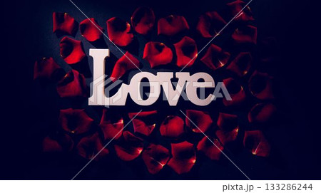 Flat design white Love sign is sitting on dark surface surrounded by scattered red rose petals 133286244