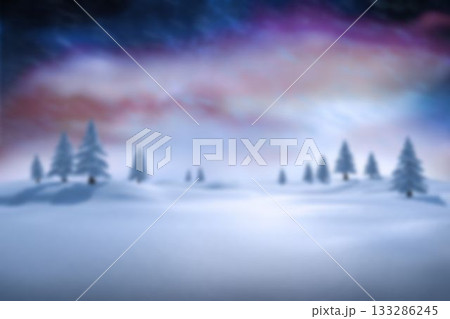 Flat design scene showing rolling snow drifts and evergreen clusters under colorful twilight sky 133286245
