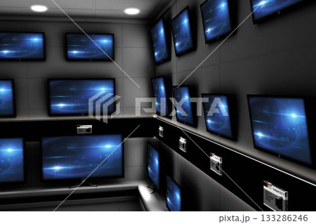 Showroom is displaying corner wall-mounted flat-screen TVs with electronic price tags, copy space Showroom is displaying corner wall-mounted flat-screen TVs with electronic price tags, copy space 133286246