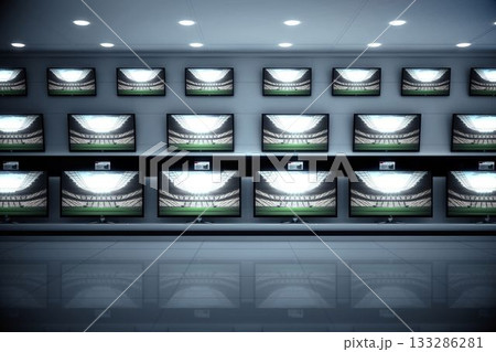 Flat design illustration is showing array of flat-panel TVs with recessed lights in tech showroom Flat design illustration is showing array of flat-panel TVs with recessed lights in tech showroom 133286281