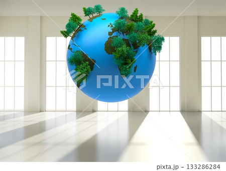 3D stylized Earth globe is floating inside white gallery interior, sprouting green forest clusters 3D stylized Earth globe is floating inside white gallery interior, sprouting green forest clusters 133286284