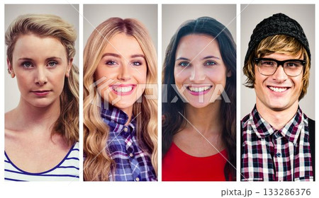 Four portrait panels are showing faces in flat vector design with knit cap, glasses, plaid shirts Four portrait panels are showing faces in flat vector design with knit cap, glasses, plaid shirts 133286376