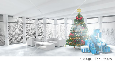 Decorated Christmas tree is standing in flat design lounge scene, with white sofas and gift boxes 133286389