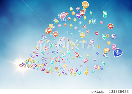 Swirling cluster of colorful map-pin icons is moving across blue gradient sky, copy space Swirling cluster of colorful map-pin icons is moving across blue gradient sky, copy space 133286428