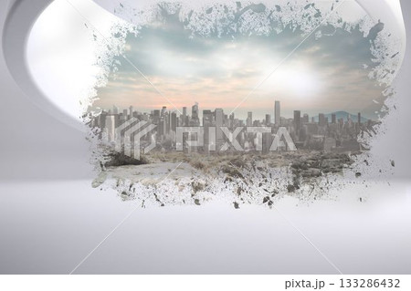Flat design gallery interior is framing skyline with paint-splatter opening above sandy foreground 133286432