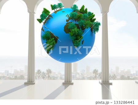 Stylized flat design earth globe with trees is floating inside pavilion with columns and arches 133286441