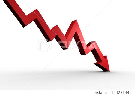 Red 3D zigzag arrow is trending downward on plain white background, casting faint shadow Red 3D zigzag arrow is trending downward on plain white background, casting faint shadow 133286446