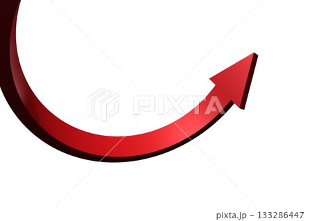 Glossy 3D red arrow graphic is curving upward to right over plain white background Glossy 3D red arrow graphic is curving upward to right over plain white background 133286447
