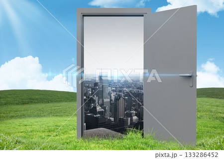 Composite image of open door with cityscape on hill Composite image of open door with cityscape on hill 133286452