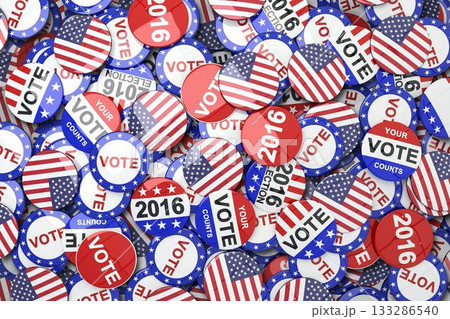 Round campaign buttons are overlapping in flat design, displaying US flag motifs and VOTE slogans 133286540