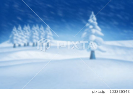 Solitary snow-laden pine tree is standing in flat winter design with falling snow and tree cluster 133286548