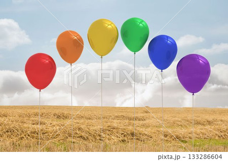 Six colorful balloons are standing in flat design harvested straw field with cloudy sky Six colorful balloons are standing in flat design harvested straw field with cloudy sky 133286604