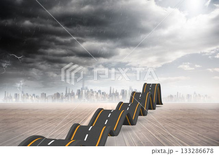 Flat design is showing twisted road is undulating on wooden deck with stormy skyline and lightning 133286678