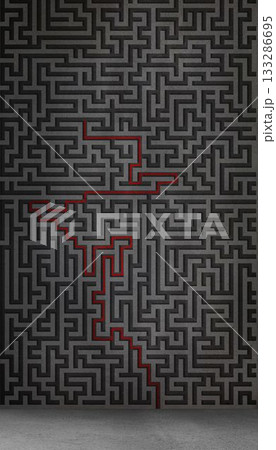 Flat design maze is unfolding on gray wall above smooth concrete floor with red solution path Flat design maze is unfolding on gray wall above smooth concrete floor with red solution path 133286695