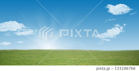 Bright sun is rising over green grass field in flat design, with scattered white clouds 133286766