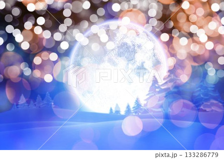 Giant glowing moon is rising over snowy hills with fir trees in flat design with bokeh 133286779