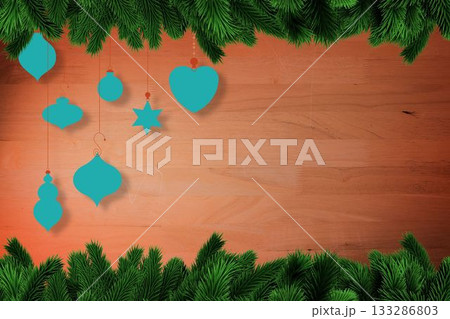 Christmas decorations over wooden planks Christmas decorations over wooden planks 133286803