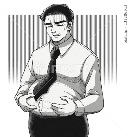 劇画漫画風・ビール腹に悩み落ち込む中年男性のイラスト 劇画漫画風・ビール腹に悩み落ち込む中年男性のイラスト 133286913