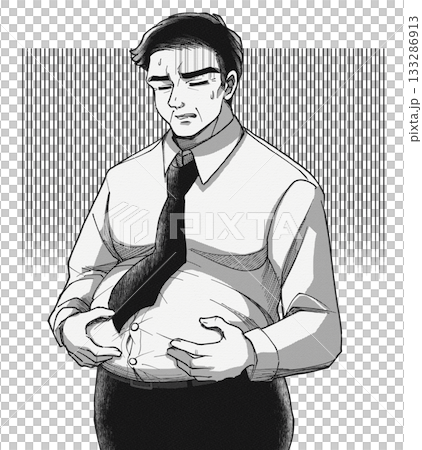 劇画漫画風・ビール腹に悩み落ち込む中年男性のイラスト 劇画漫画風・ビール腹に悩み落ち込む中年男性のイラスト 133286913