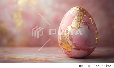 Marble effect egg with gold foil texture on pink surface, luxury decoration concept 133287162