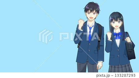 リュックとスクールバッグを持つ高校生または中学生の男女のアニメ風イラスト リュックとスクールバッグを持つ高校生または中学生の男女のアニメ風イラスト 133287293