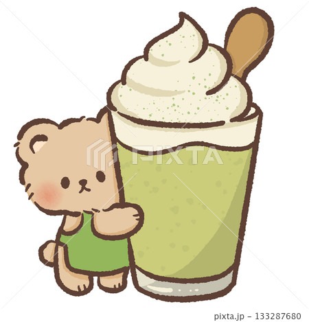 Cute bear hugging matcha frappe drink kawaii beverage illustration sweet dessert art green tea aesthetic pastel character cozy drink themed design 133287680