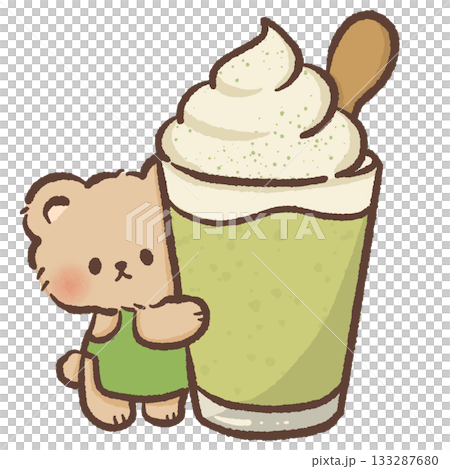 Cute bear hugging matcha frappe drink kawaii beverage illustration sweet dessert art green tea aesthetic pastel character cozy drink themed design 133287680