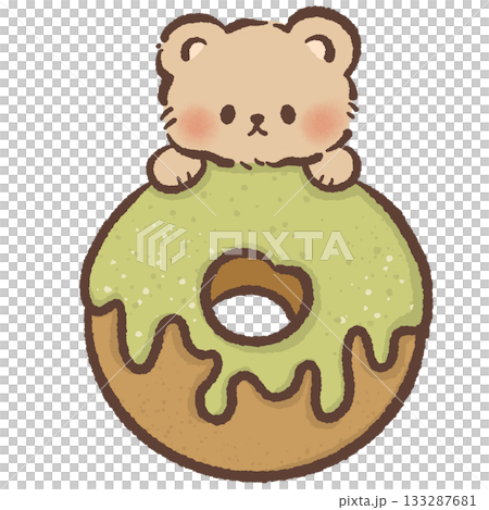 Cute bear holding matcha glazed donut kawaii dessert illustration sweet bakery pastry food art green tea aesthetic adorable character pastel treat design 133287681