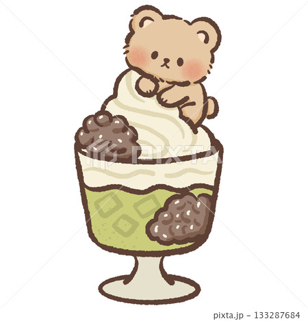 Kawaii bear sitting on matcha parfait with cream and toppings cute dessert illustration sweet food art pastel aesthetic Japanese treat adorable character 133287684