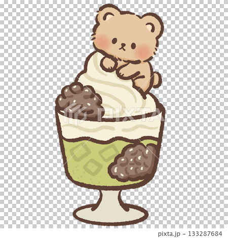 Kawaii bear sitting on matcha parfait with cream and toppings cute dessert illustration sweet food art pastel aesthetic Japanese treat adorable character 133287684