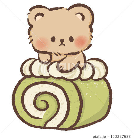 Kawaii bear perched on fluffy matcha roll cake with creamy swirl and whipped topping, cozy dessert illustration ideal for bakery and cafe themed designs Kawaii bear perched on fluffy matcha roll cake with creamy swirl and whipped topping, cozy dessert illustration ideal for bakery and cafe themed designs 133287688