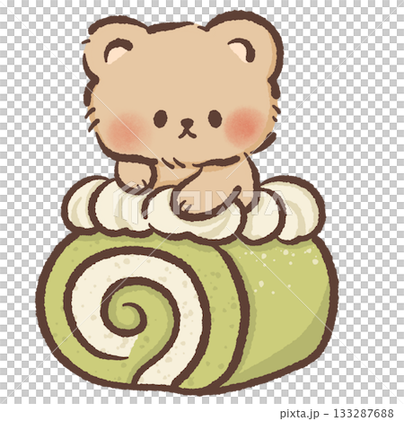 Kawaii bear perched on fluffy matcha roll cake with creamy swirl and whipped topping, cozy dessert illustration ideal for bakery and cafe themed designs Kawaii bear perched on fluffy matcha roll cake with creamy swirl and whipped topping, cozy dessert illustration ideal for bakery and cafe themed designs 133287688