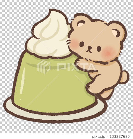 Adorable bear hugging a creamy matcha pudding topped with whipped cream, sweet kawaii dessert illustration ideal for bakery, cafe and matcha lovers 133287689