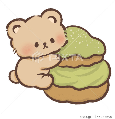 Adorable bear hugging matcha cream puff stack with fluffy filling and pastel tones, sweet kawaii dessert artwork perfect for matcha and bakery lovers Adorable bear hugging matcha cream puff stack with fluffy filling and pastel tones, sweet kawaii dessert artwork perfect for matcha and bakery lovers 133287690