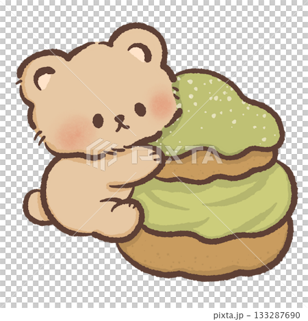 Adorable bear hugging matcha cream puff stack with fluffy filling and pastel tones, sweet kawaii dessert artwork perfect for matcha and bakery lovers 133287690