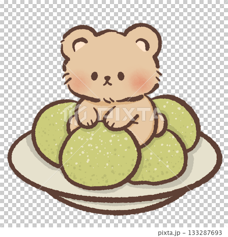 Kawaii bear resting on matcha mochi dessert plate, cute green tea sweets illustration perfect for cozy cafe themes and Japanese dessert designs 133287693