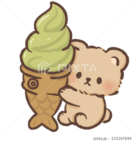 Sweet bear holding matcha taiyaki soft serve ice cream, adorable kawaii dessert theme with cozy cafe and matcha lover aesthetic for cute designs 133287694
