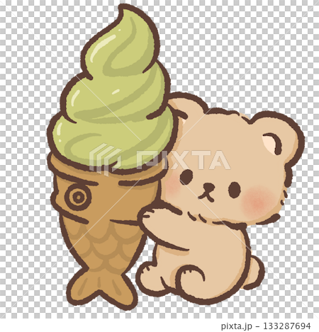 Sweet bear holding matcha taiyaki soft serve ice cream, adorable kawaii dessert theme with cozy cafe and matcha lover aesthetic for cute designs Sweet bear holding matcha taiyaki soft serve ice cream, adorable kawaii dessert theme with cozy cafe and matcha lover aesthetic for cute designs 133287694
