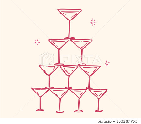 Funny cute whimsical cocktail glasses tower, vector illustration, sketch for party invitation 133287753