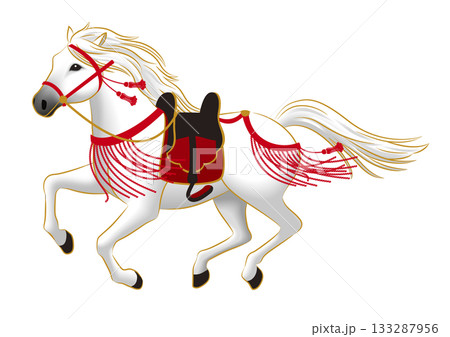 走る白馬 和風の装飾とくら付き 走る白馬 和風の装飾とくら付き 133287956
