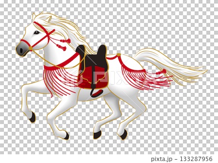 走る白馬 和風の装飾とくら付き 走る白馬 和風の装飾とくら付き 133287956