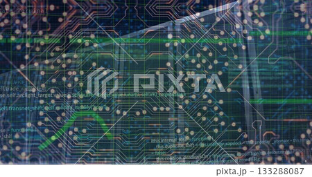 Merging circuit board traces and glowing nodes with code in data-center, with faint rack outlines 133288087